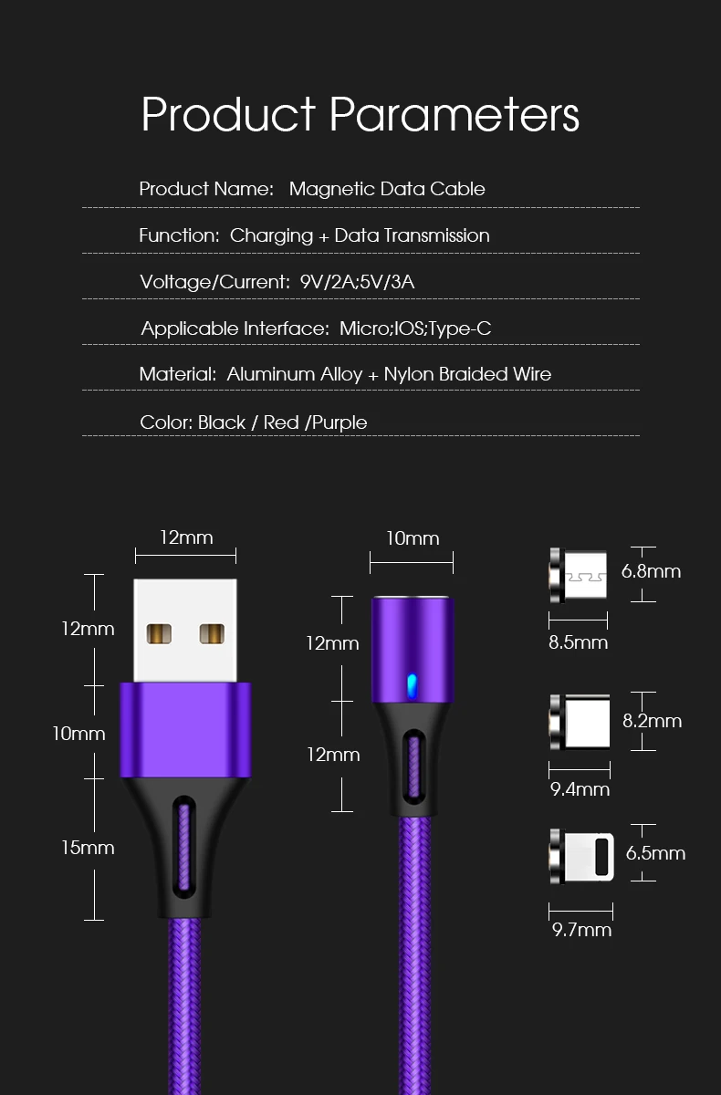 Vothoon 3 in 1 Magnetic Fast Charging Cable 3A USB Type C Fast Cable Micro USB Data Cable - ANKUX.COM