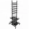 Adjustable 2 tiers multipurpose gray display rack stand with hooks double sided metal storage shelf with billboard and wheels