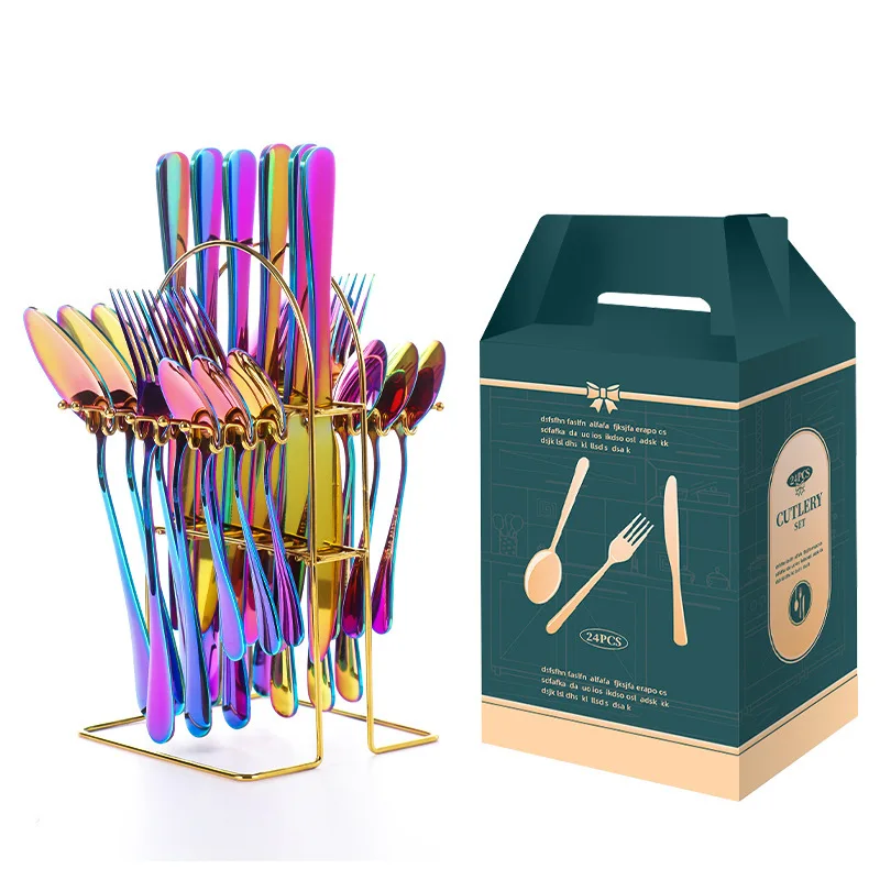 24pcs Heavy Duty Durable Stainless Steel Modern Golden Mirror Polished Steak Knife Fork Spoon Cutlery Set Stand Dishwasher Safe