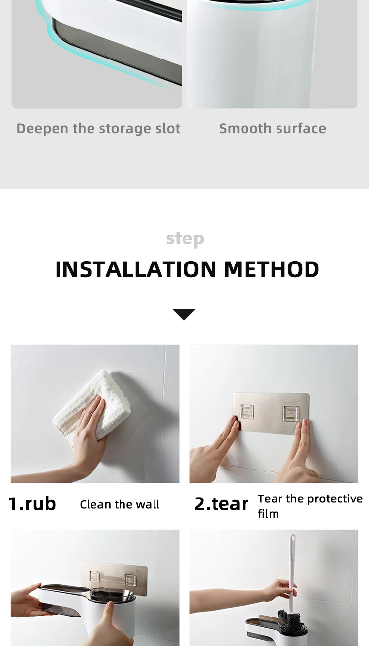 Non-perforated detachable wall toilet brush holder household cleaning set Storage Rack Shelf Holder Wall Mount