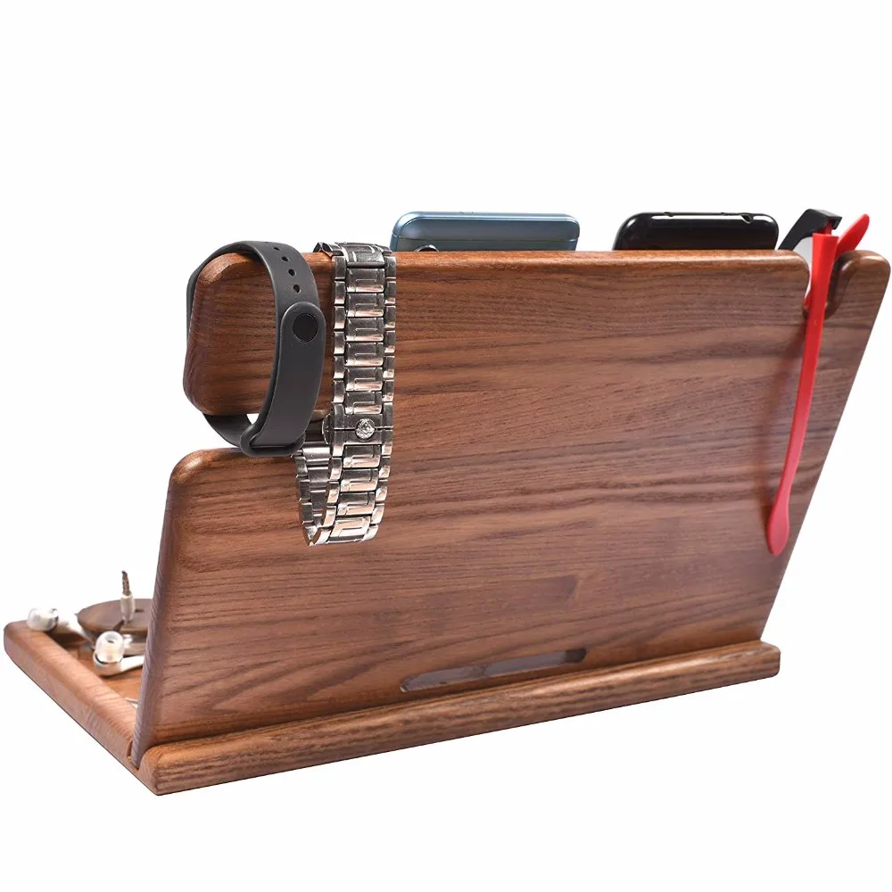 Men Wireless Device Dock Organizer Wood Mobile Base Nightstand Wooden