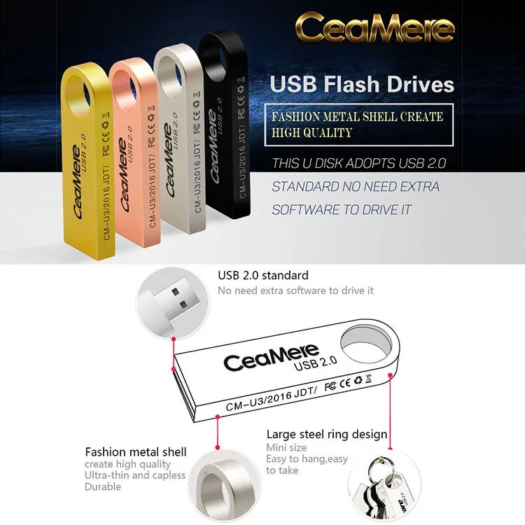 Ceamere Wholesale Original USB2.0 High Speed Metal USB Flash Drives 16GB 8GB 4GB 32GB 64GB 128GB Pendrive Metal USB Flash Drives
