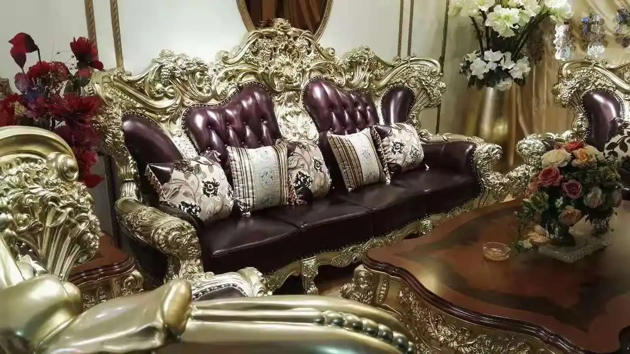 European Italian classical genuine leather wood  living room royal sofa set
