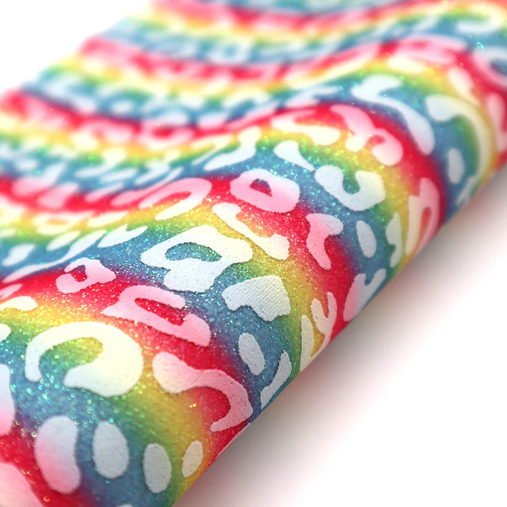 闪亮印花彩虹豹纹图案pu乙烯基皮革精美闪光人造皮革面料,用于diy袋