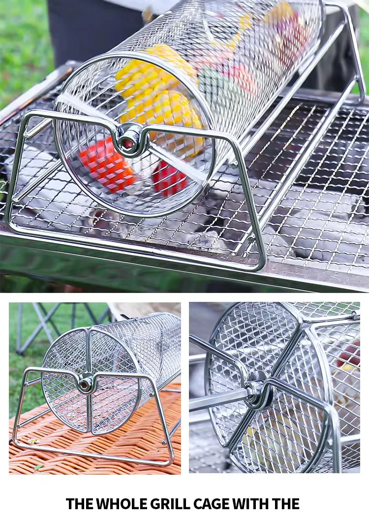 Factory Direct Sales Stainless Steel Round Rolling Grill Basket Multi-Function Reusable Portable Durable Cross-Border BBQ Tool supplier