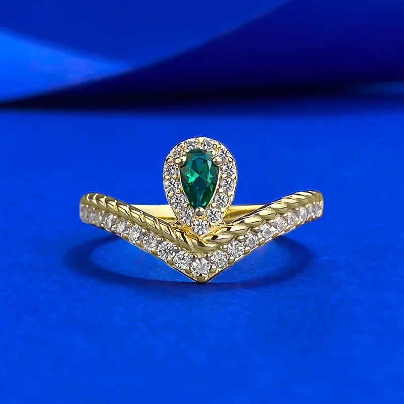 Fresh S925 Silver Simulated Emerald 5*3mm Pear Shaped Inlay Ring with Lab Diamond Gemstone