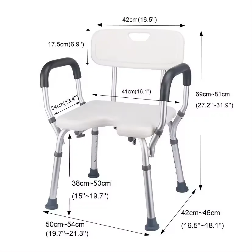 Adjustable Height Tool-Free Installation Shower Chair with Removable Back Arms Bathroom Safety Equipment Rehabilitation Therapy details