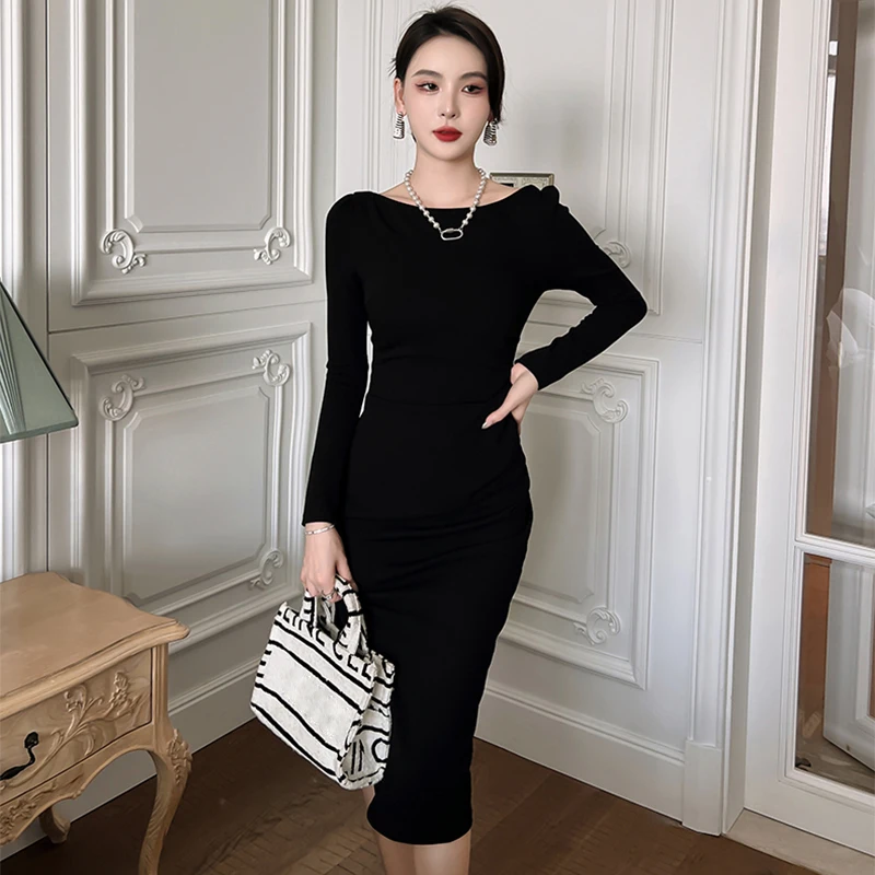 winter dresses woman pencil Lowprofile Women's Casual Winter Fall Dress Long Sleeve Solid Fashionable High Necked Pencil Skirt Set Dresses