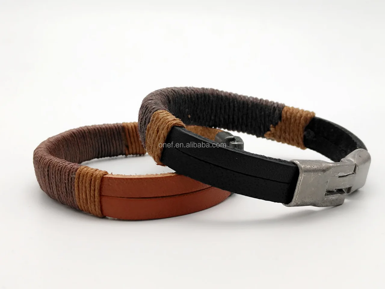 Steel Black Leather Twine Bracelet Hand Woven PU Leather Bracelet Wholesale.jpg