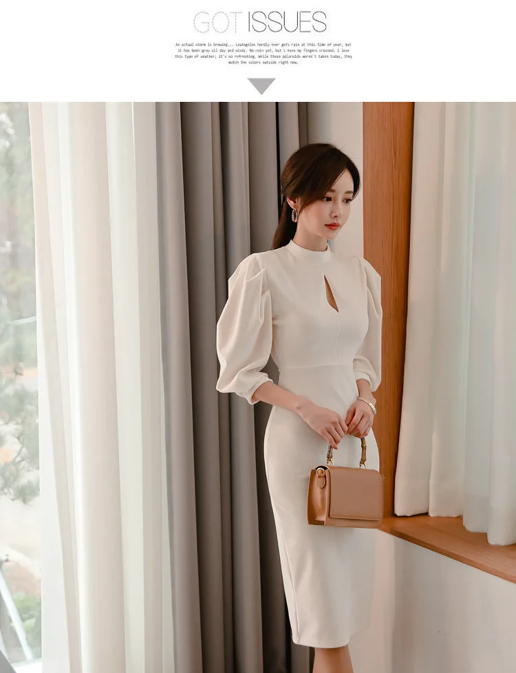 2020 spring and summer new female slim mid-length stand-up collar lantern sleeve fashion hip dress