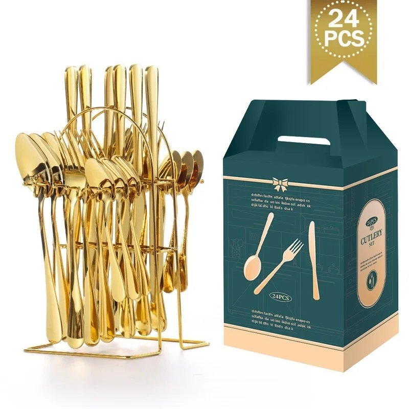 24pcs Heavy Duty Durable Stainless Steel Modern Golden Mirror Polished Steak Knife Fork Spoon Cutlery Set Stand Dishwasher Safe