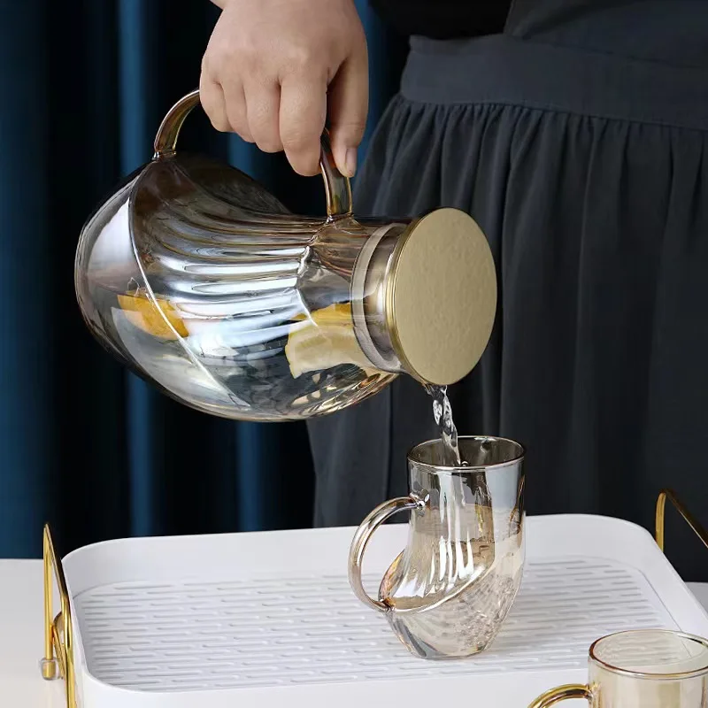 Glass Pitcher Hot/cold Water Jug Iced Tea Juice Beverage Carafe 1.6l With Handle And Stainless