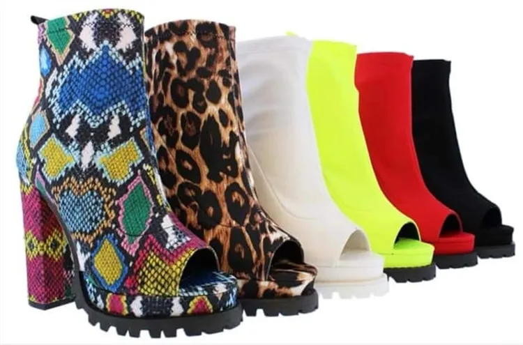 2020 Women Snake Python Skin Ankle Booties Platform Lug Sole Chunky High Heel Open Toe Booties