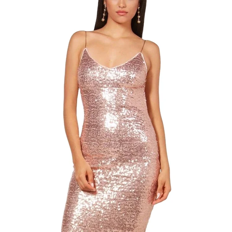 
OEM Women Sexy Off Shoulder V-neck Backless Sequin Spaghetti Straps Bodycon Warp Cocktail Party Club Night Mini Dress 