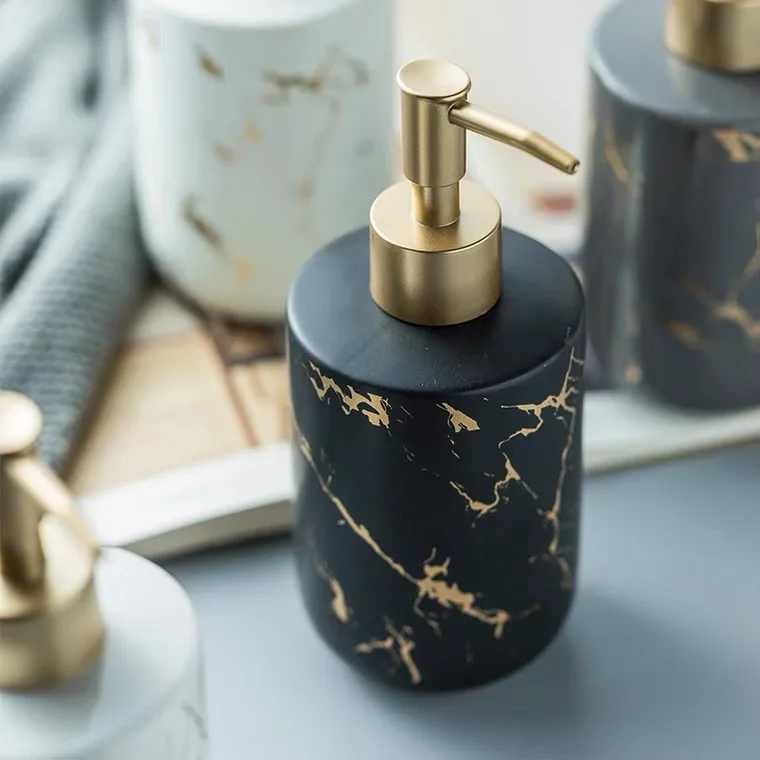 Luxury Marble Design Ceramic Black Gold White Shampoo Bathroom Set Liquid Soap Dispensers with Lotion Pump Bottles factory