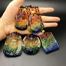 wholesale natrual stone glass colored crystal lucky ruyi guanyin necklace Guan gong laughing buddha gift