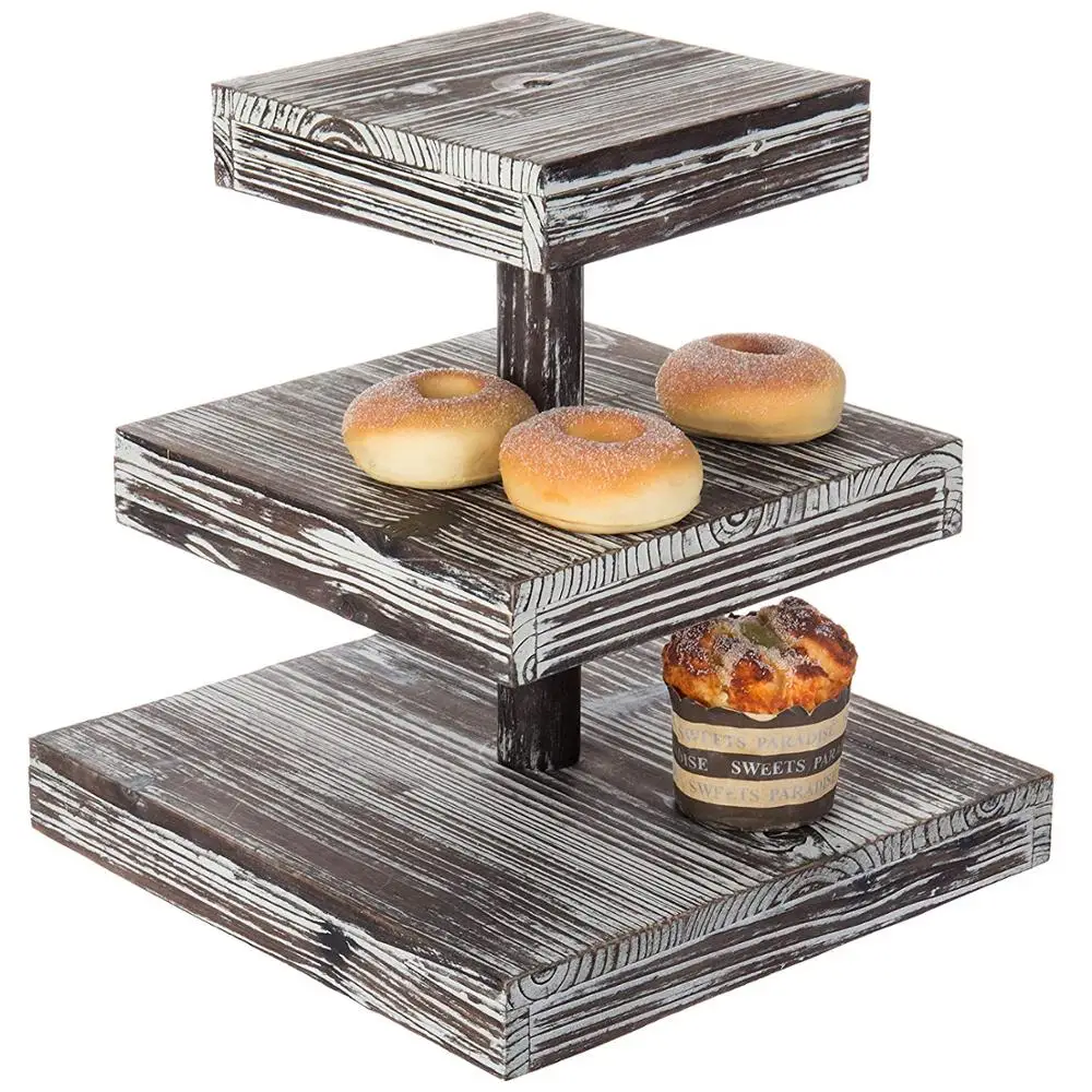 Rustic style 3 tier multi purpose wooden cake stand dessert serving tray