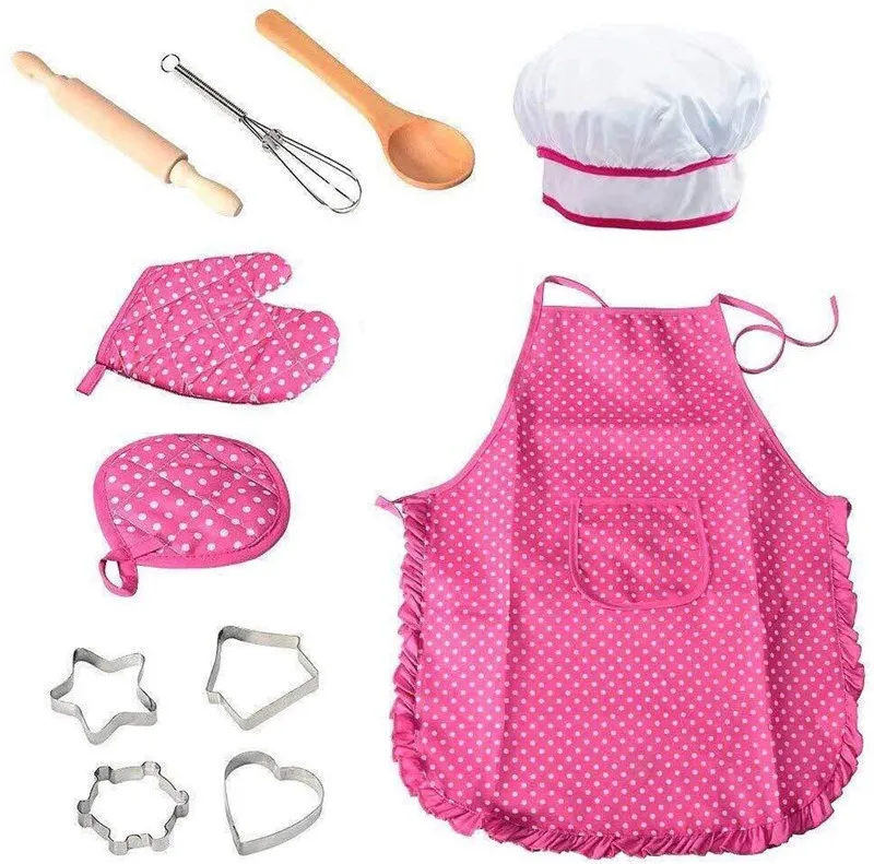 11PCS Kids Chef Set Cooking Baking Suit Toys Pretend Play Clothes Apron Gloves 