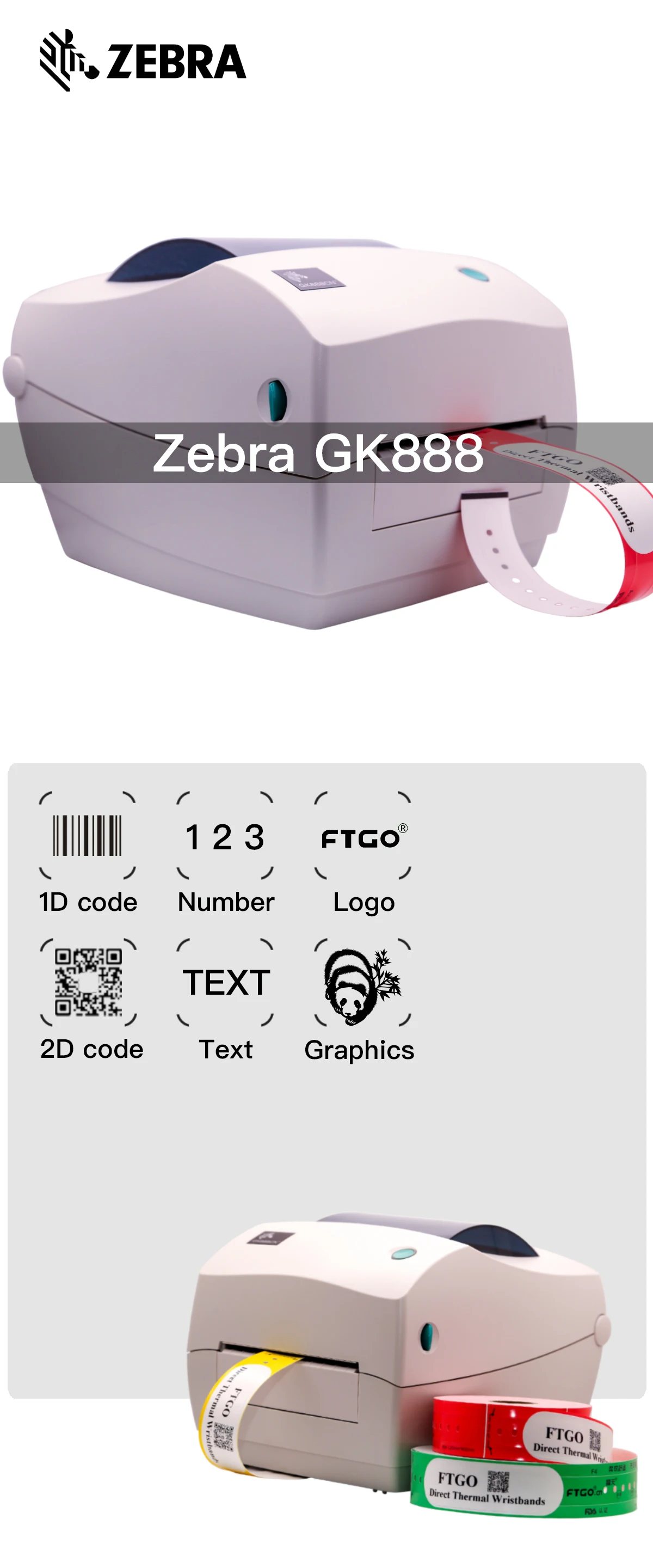 Zebra Printer Barcode Wrist Id Band Printer Machine For Ftgo Wristbands