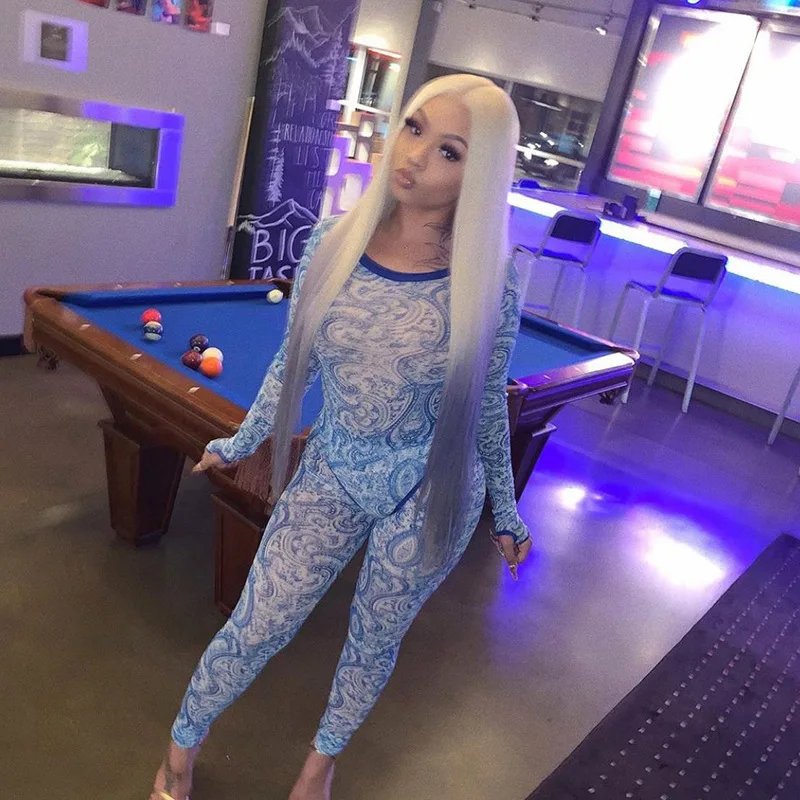 2020 Fashion New Arrival Women  Rompers Womens Sexy Bodycon Blue Print 2 Piece Jumpsuit Set