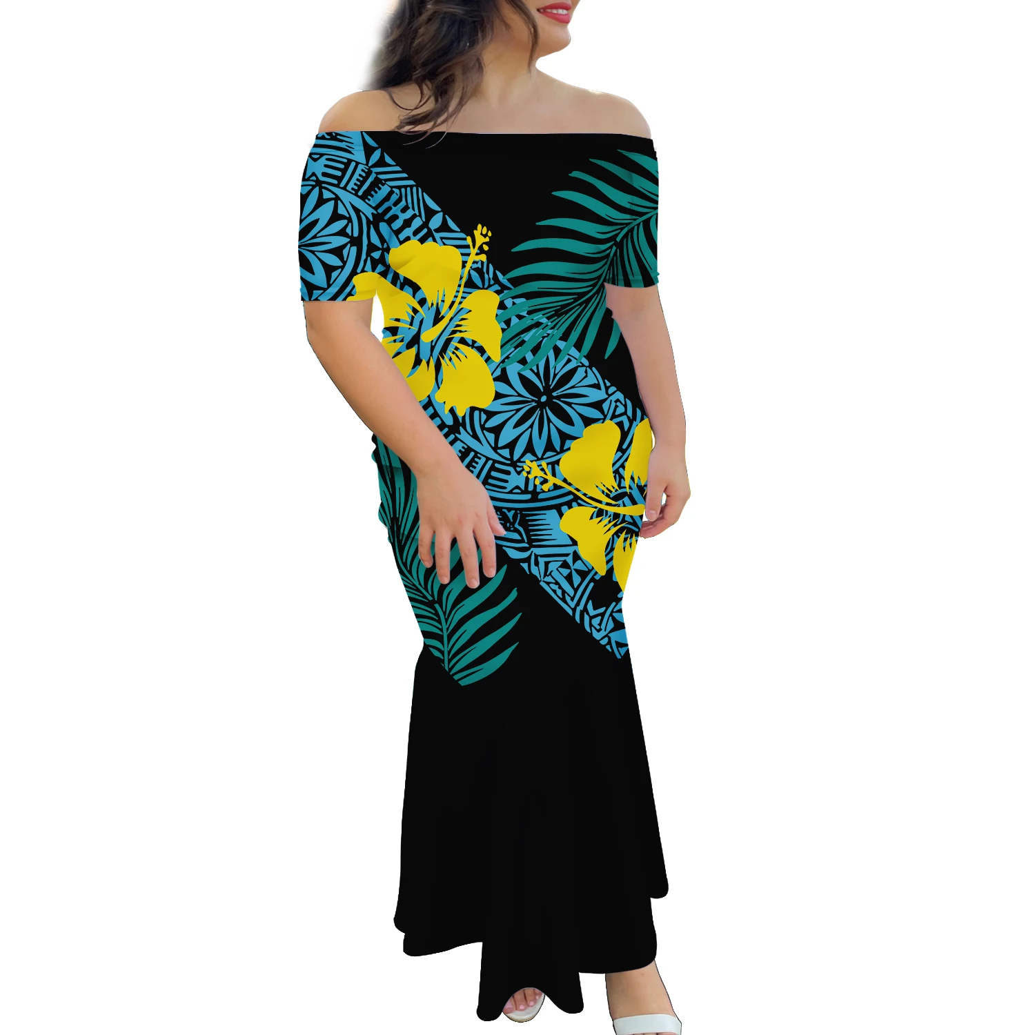 New Polynesian Tribal Design Tapa Floral Print Fishtail Mermaid Dresses ...