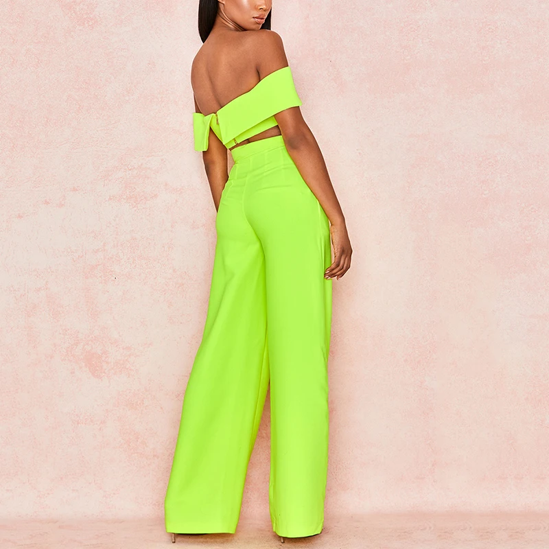 High Waist Catchy Neon Green Wide Leg Women's Trousers & Pants - Buy ...