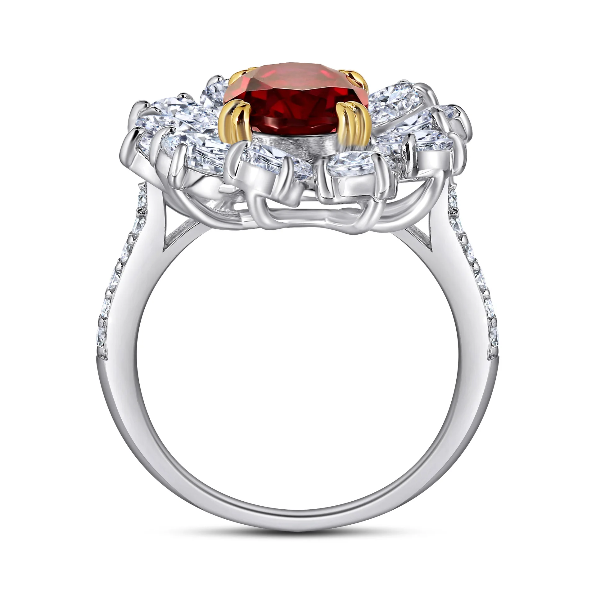 925 Sterling Silver Retro European American Design 3 Karat Lab Diamond with Water Drop Surround Fine Ruby Encircled Ring
