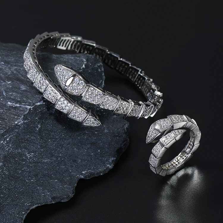 Italian Silver Jewelry Sets Snake Shape Rhodium Plated Bang Ring Set ...