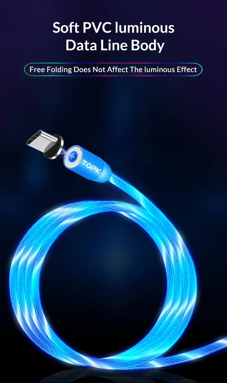 TOPK AM67 1M 3 In 1 Luminous LED Flowing Magnetic Phone Charging Cable For IOS Android Type C - ANKUX.COM