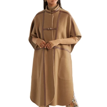 高品质长卡其色优雅皮革边饰羊毛混纺女士披肩