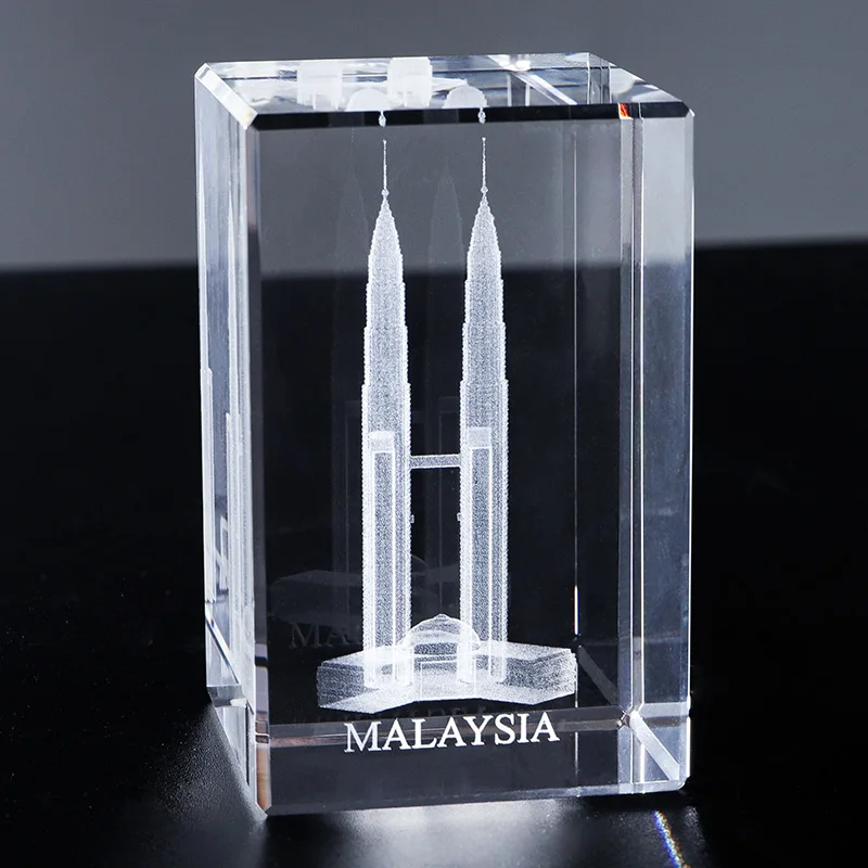 Custom 3D Photo Crystal Cube 8cm The Twin Towers Malaysia Laser Engraved Glass Trophy Polished Tourism Souvenir Gift Home Decor details