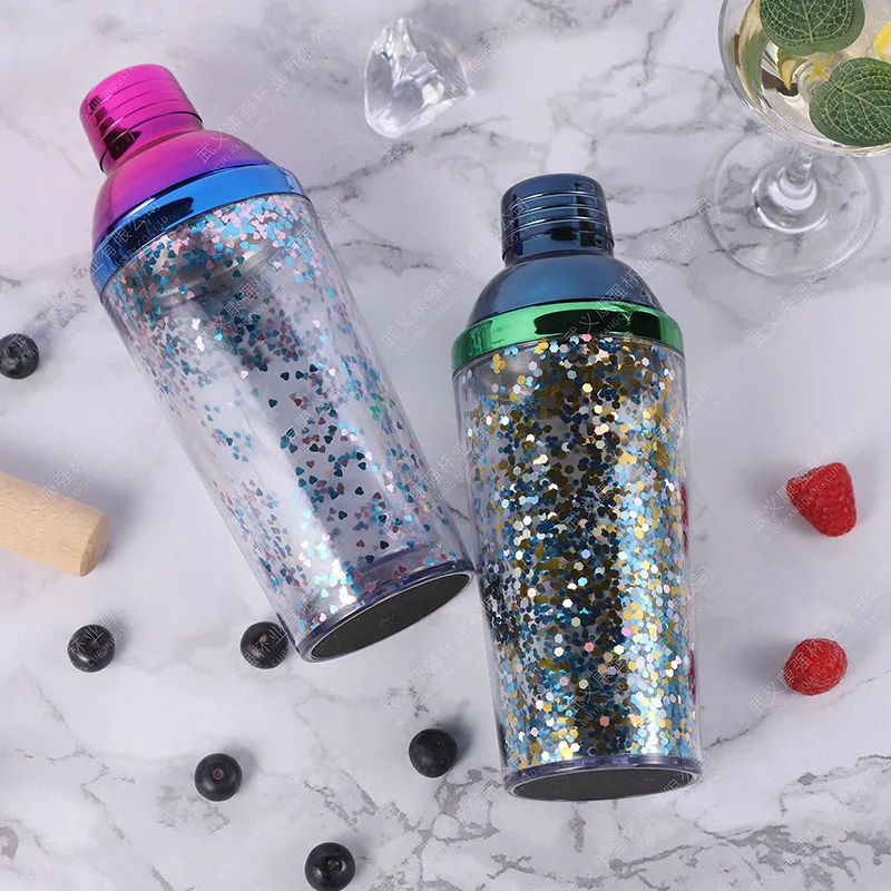 product creative fashion dual layer plastic stainless steel 450ml reusable durable cocktail shaker sparkle glitter wine boston shaker-4