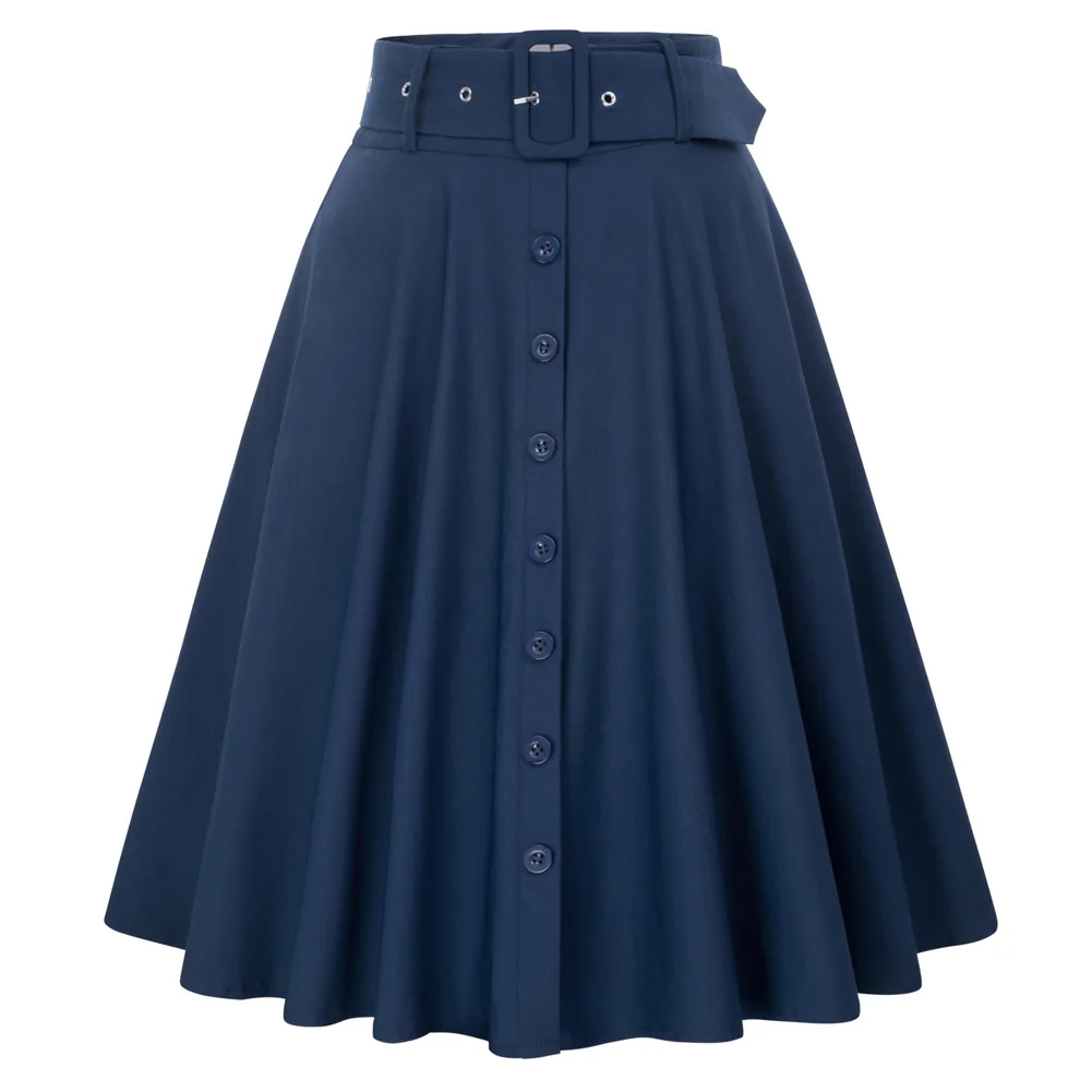 Belle Poque Women's Stretch High Waist A-Line Flared Midi Skirts with Pockets & Belts