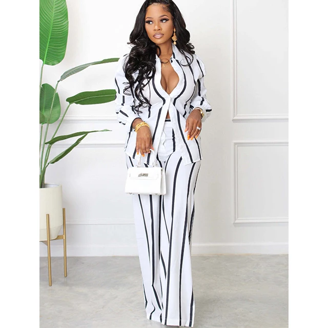 GX221 fashion ladies fall striped elegant suit women lounge wear long sleeve shirt and pants matching suit casual 2 piece set