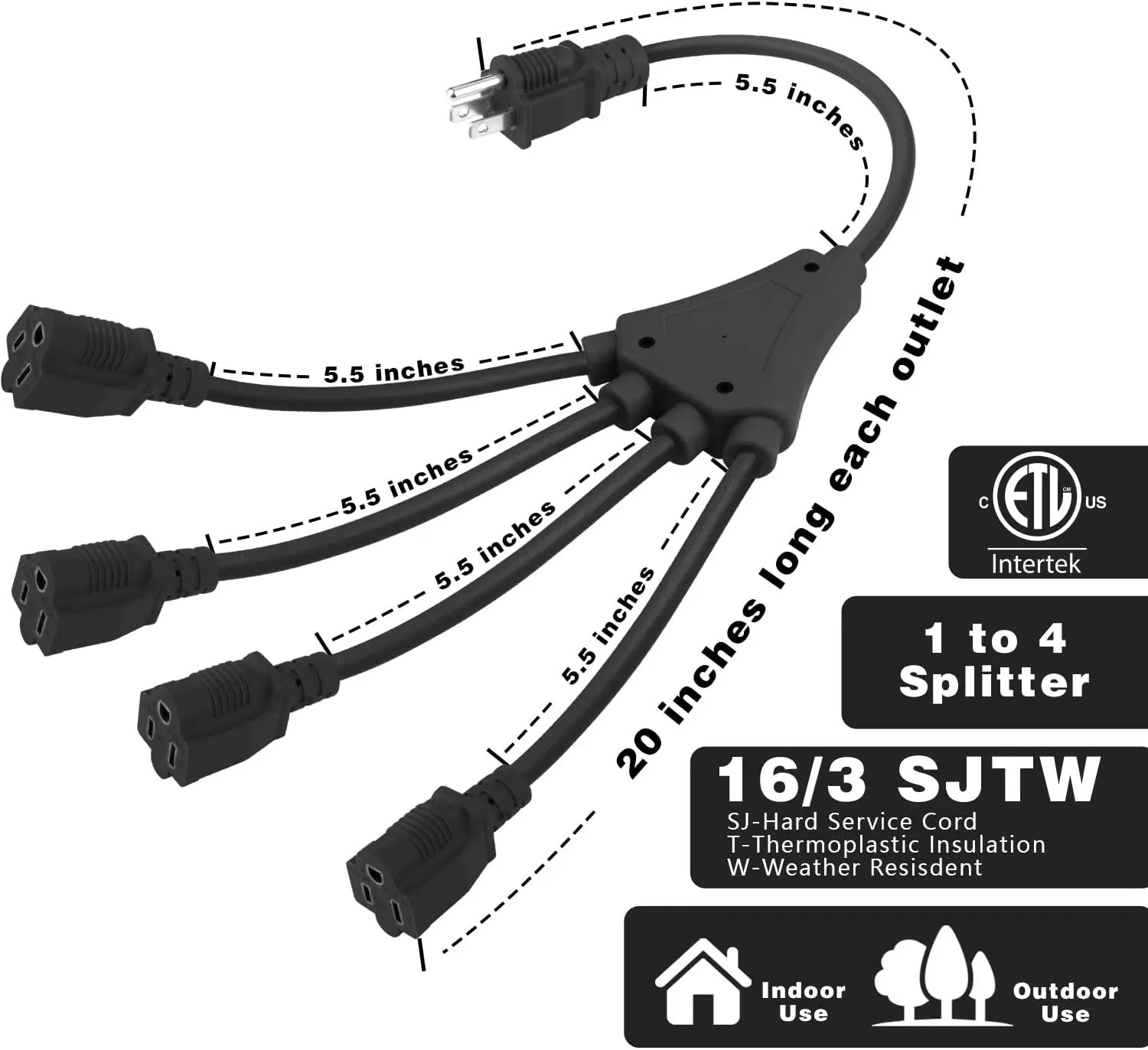 4 Way Power Splitter 1 To 4 Cable Strip With 3 Pronged Outlet Y Style ...