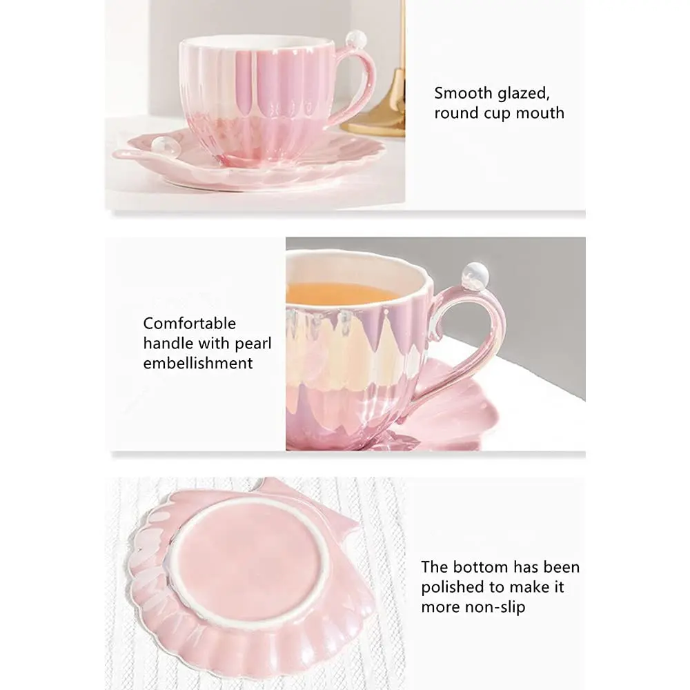 Elegant Mug Unique Pearl Shells Shapes Exquisite Coffee Cup and Saucer Set Ceramic Porcelain Tea Cup and Saucer 240ml factory