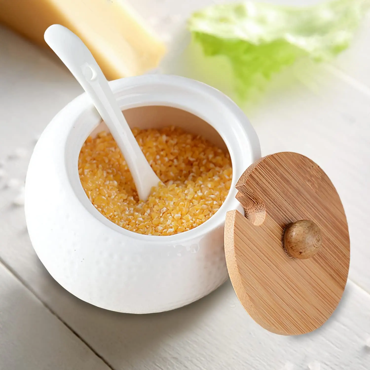 3 White 170ml 5.8 Oz Seasoning Spice Jar Tray Ceramic Serving Spoon Set Tableware With Bamboo Lid manufacture