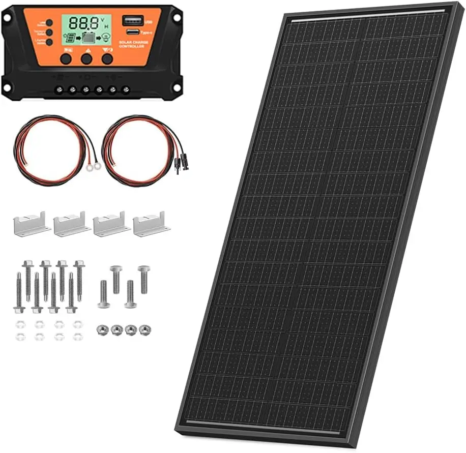 Side-by-side comparison of rigid, flexible, and foldable 100W solar panels showing size, weight, and mounting options