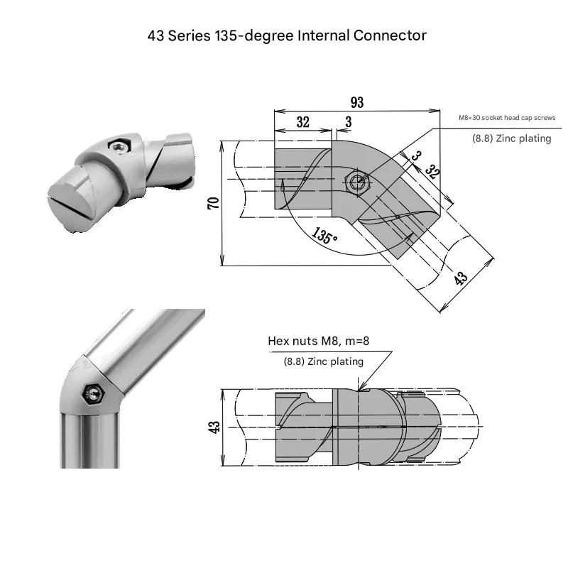 product 43mm series 135 degree internal connector third generation lean pipe aluminum alloy connector profile work trolley-13
