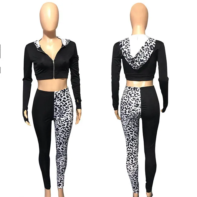 leopard Color Long Sleeve Hooded Sweatshirt Long Pencil Pants Woman Fashion Two Piece Sports Set Women Clothing