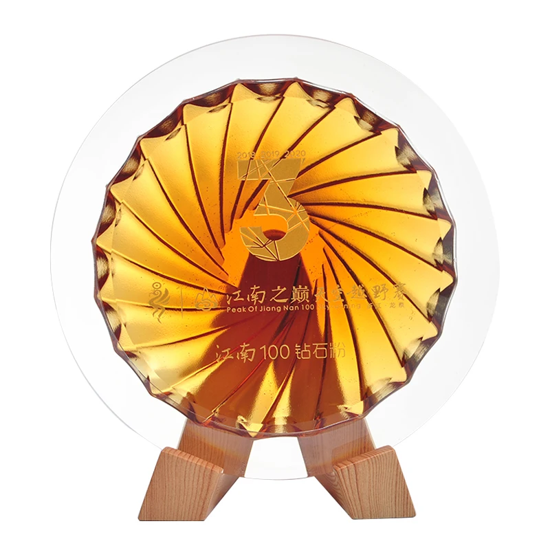 High-Grade New LiuLi Crystal Award Plate Wood base Color Glaze Commemorative Souvenir Outstanding Employee Feng Shui Anniversary manufacture