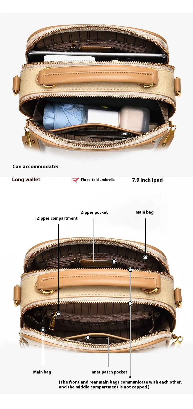 High-End Women's PU Leather Crossbody Bag Large Capacity Zip Closure All Seasons Portable Handbag Fashionable Style Two Handles