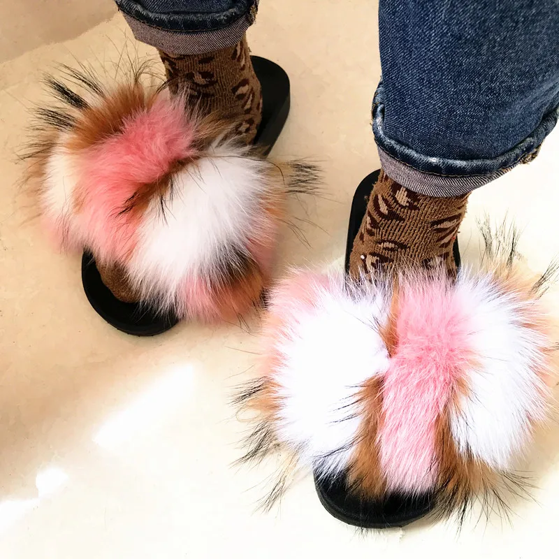 

SF0348 Factory wholesale pvc slides ladies raccoon fur slippers women soft real raccoon fur slides, We can do any color
