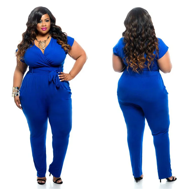K2152 Wholesale Fashion V-Neck Short-Sleeved Solid Color Sexy Plus Size Jumpsuit Romper For Fat Women