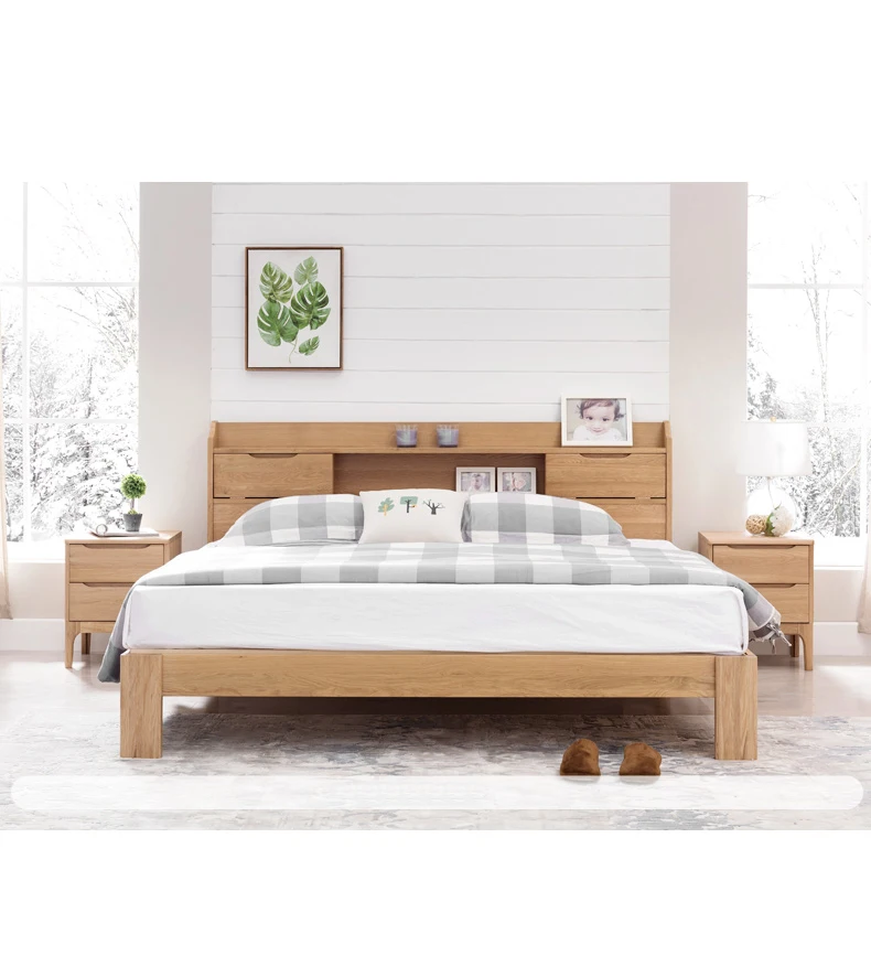 product-Morden popular custom supported solid wooden bed single double bed with bookcase headboard f-1