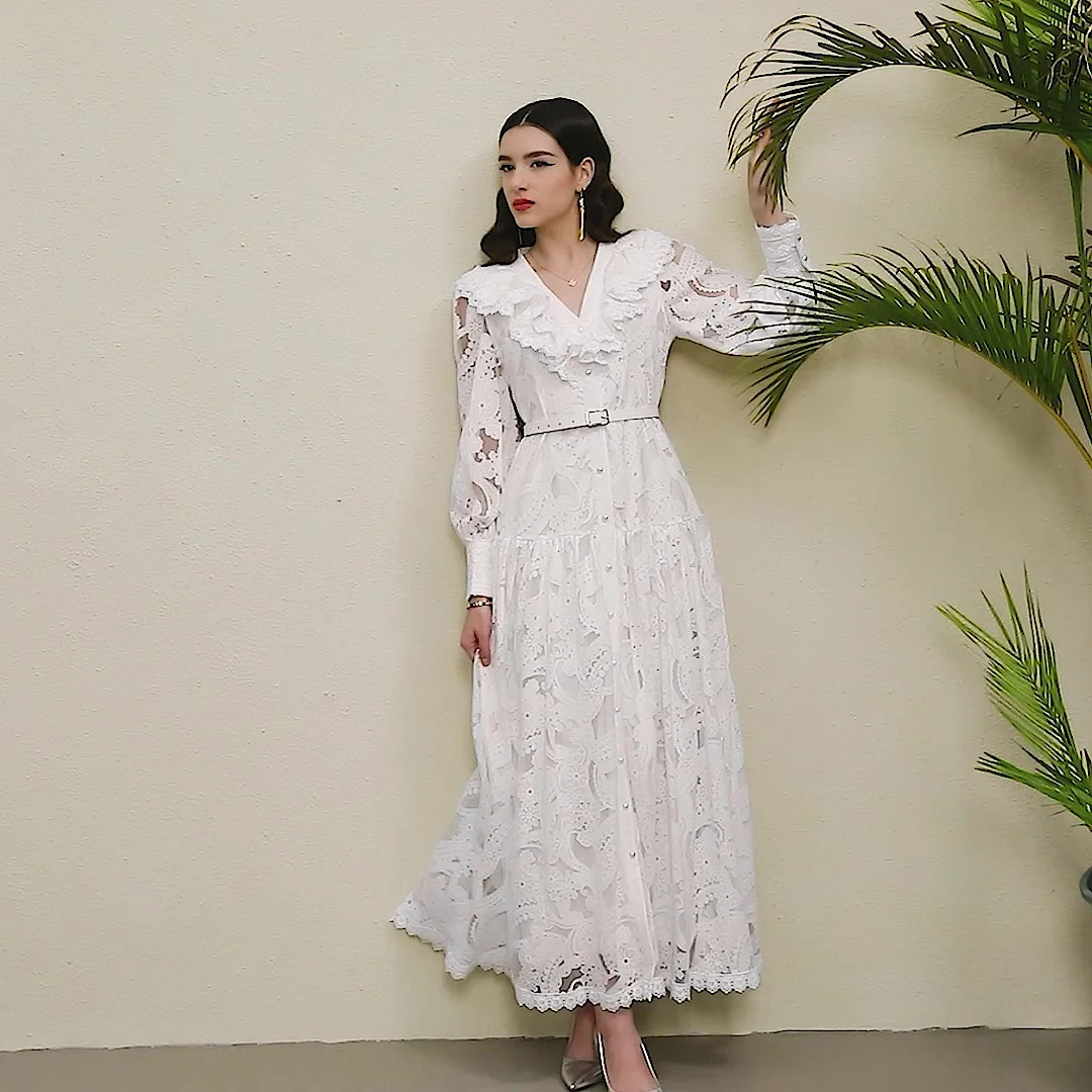 French Vintage Elegant Women Autumn V-neck Wavy Lace Cutout Long Dress French Vintage Elegant Women Autumn V-neck Wavy Lace Cutout Long Dress