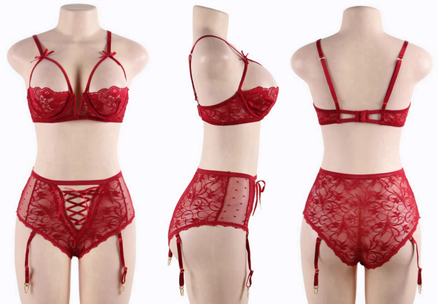 Classy Red Lace Open Cup Plus Size Sexy Bra And Panty Sets For Ladies