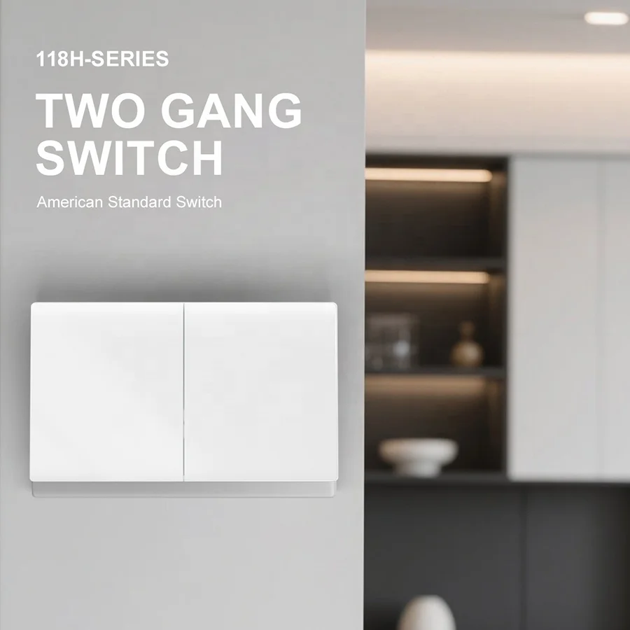 Close-up of a sleek tempered glass 2-gang smart switch mounted on a white wall