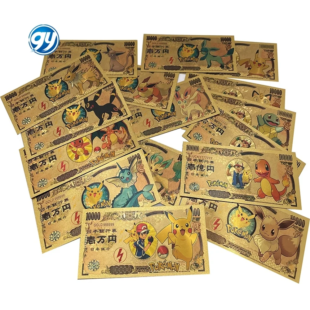 Japan Anime Pokemoned 10000 Yen Gold Foil Plated Metal Banknote 3D Shape  Pikachu Tickets Game Toys Cards Souvenir Gift