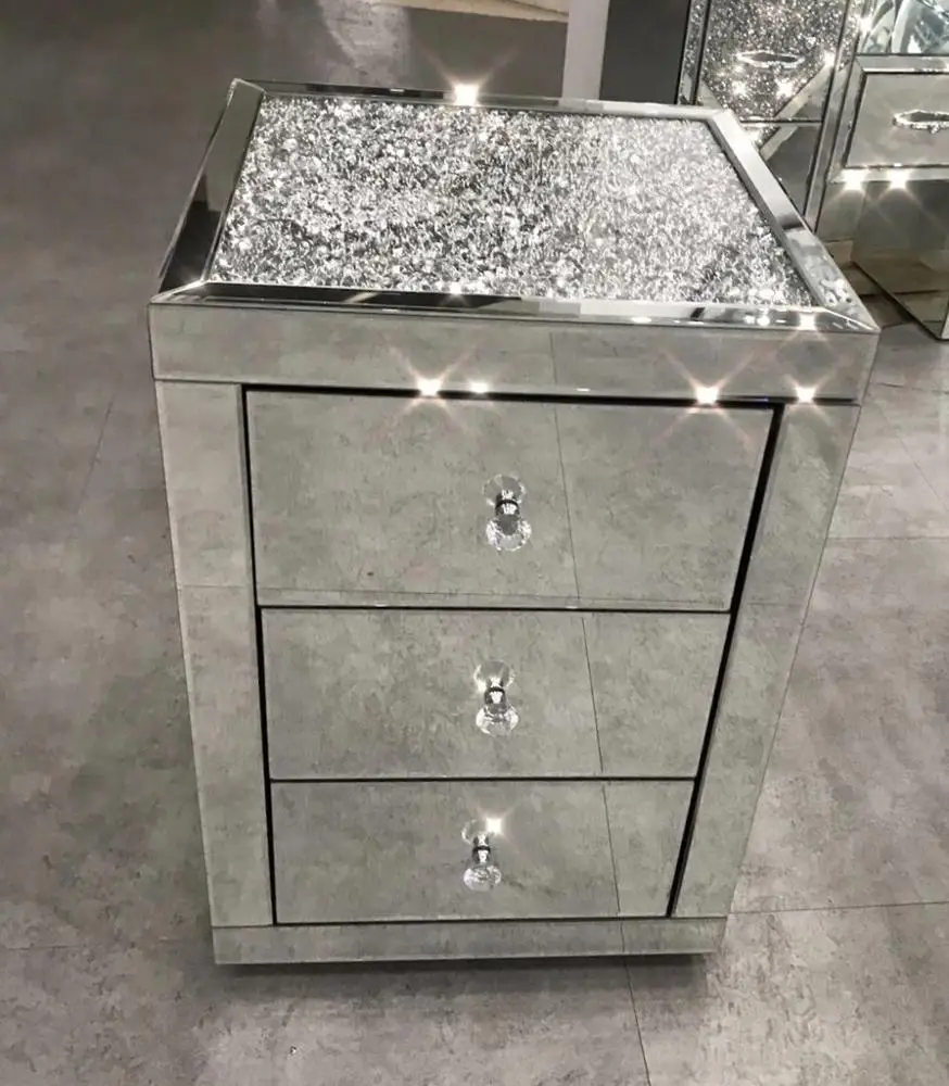 Hot Sale Crushed Diamond Mirrored Nightstand 3 Drawer Chest Bedside